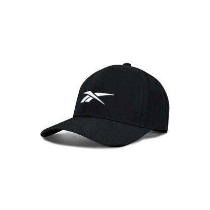 The Reebok Range Cap is a black baseball cap with a white Reebok logo on the front, shown on a white background.
