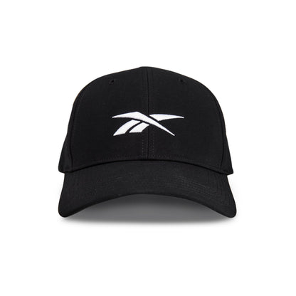 The Reebok Range Cap is a black baseball cap with a curved brim and a white Reebok logo on the front, shown from the front on a plain white background.