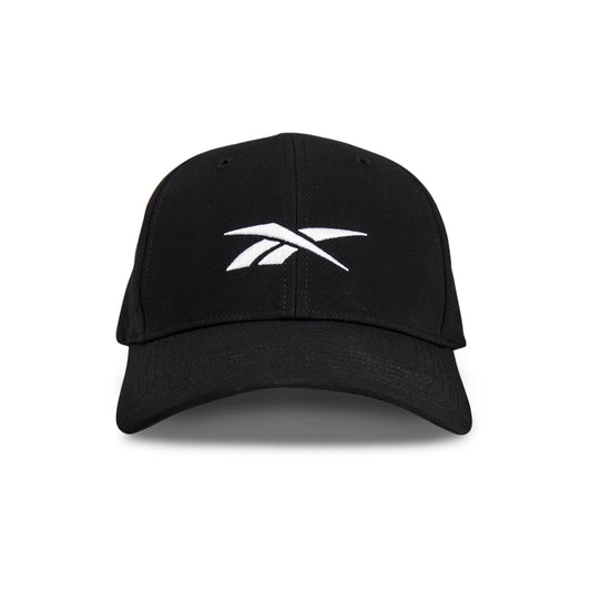 The Reebok Range Cap is a black baseball cap with a curved brim and a white Reebok logo on the front, shown from the front on a plain white background.