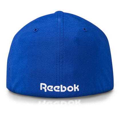 The Reebok Range Cap is a blue golf hat shown from the back, with the white Reebok logo embroidered near the bottom center and crafted from moisture-wicking fabric for comfort.