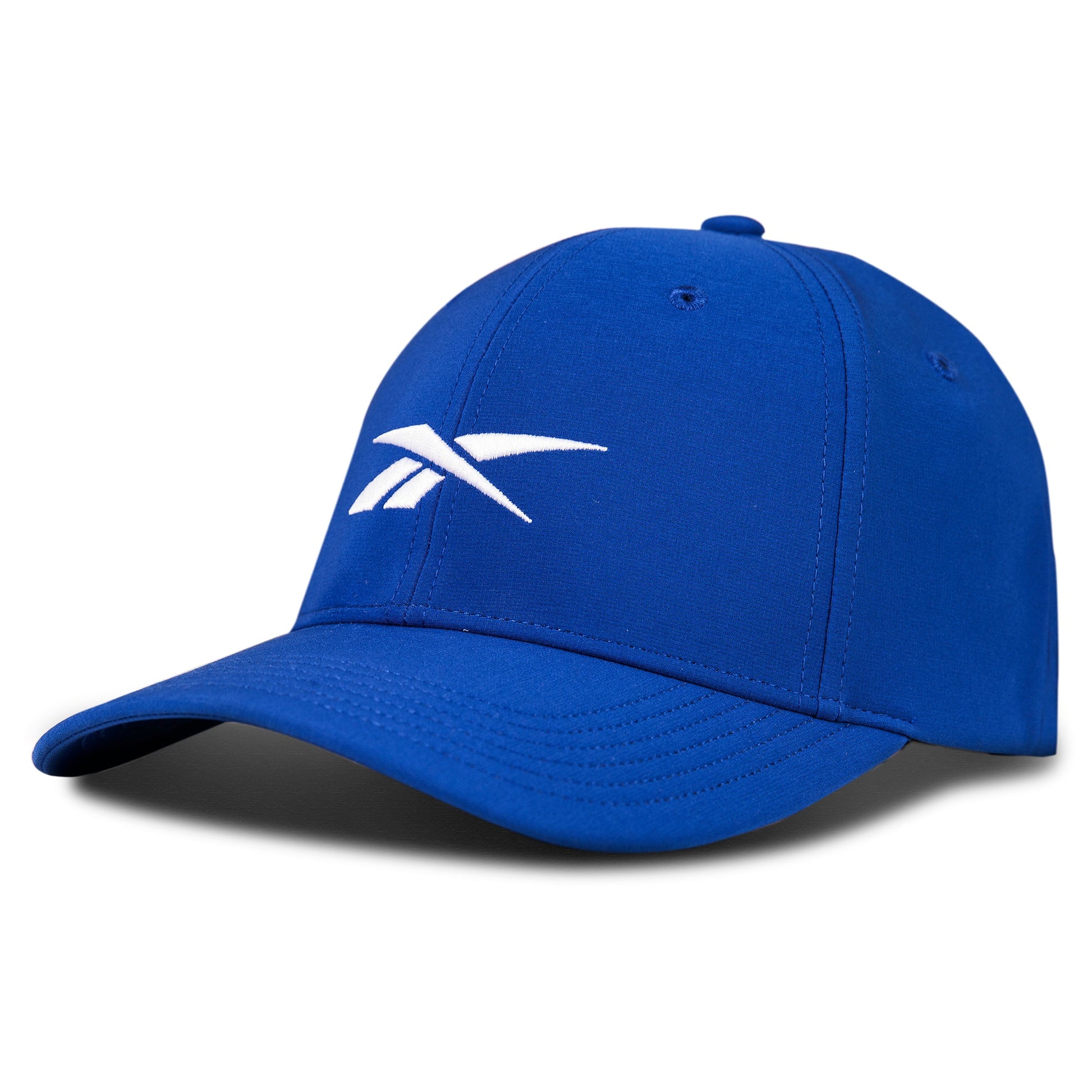 The Reebok Range Cap is a royal blue men’s golf hat with a curved brim and white Reebok logo, designed with moisture-wicking fabric to keep you cool and comfortable on the course.