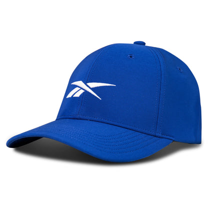 The Reebok Range Cap is a royal blue men’s golf hat with a curved brim and white Reebok logo, designed with moisture-wicking fabric to keep you cool and comfortable on the course.