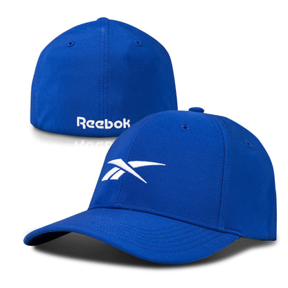 Two blue Reebok Range Caps are shown—one with the white Reebok logo on the front, the other displaying “Reebok” in white on the back. These moisture-wicking golf hats offer comfort both on and off the course.