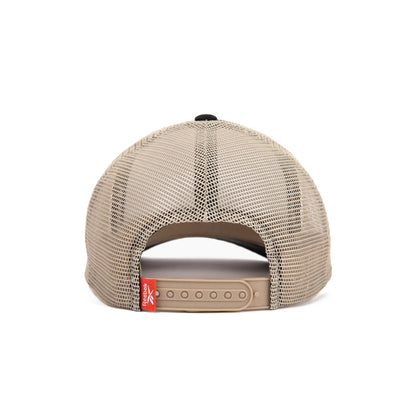 A beige Reebok Vintage Trucker Cap viewed from the back, featuring an athletic heritage style, classic snapback closure, and a small red tag on the left side.