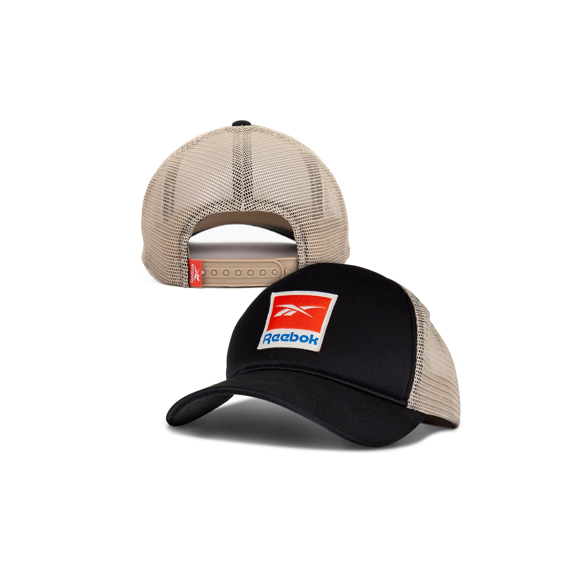 The Reebok Vintage Trucker Cap is shown front and back, featuring a black curved brim, red Reebok logo patch, beige mesh back with heritage details, and an adjustable snapback closure.