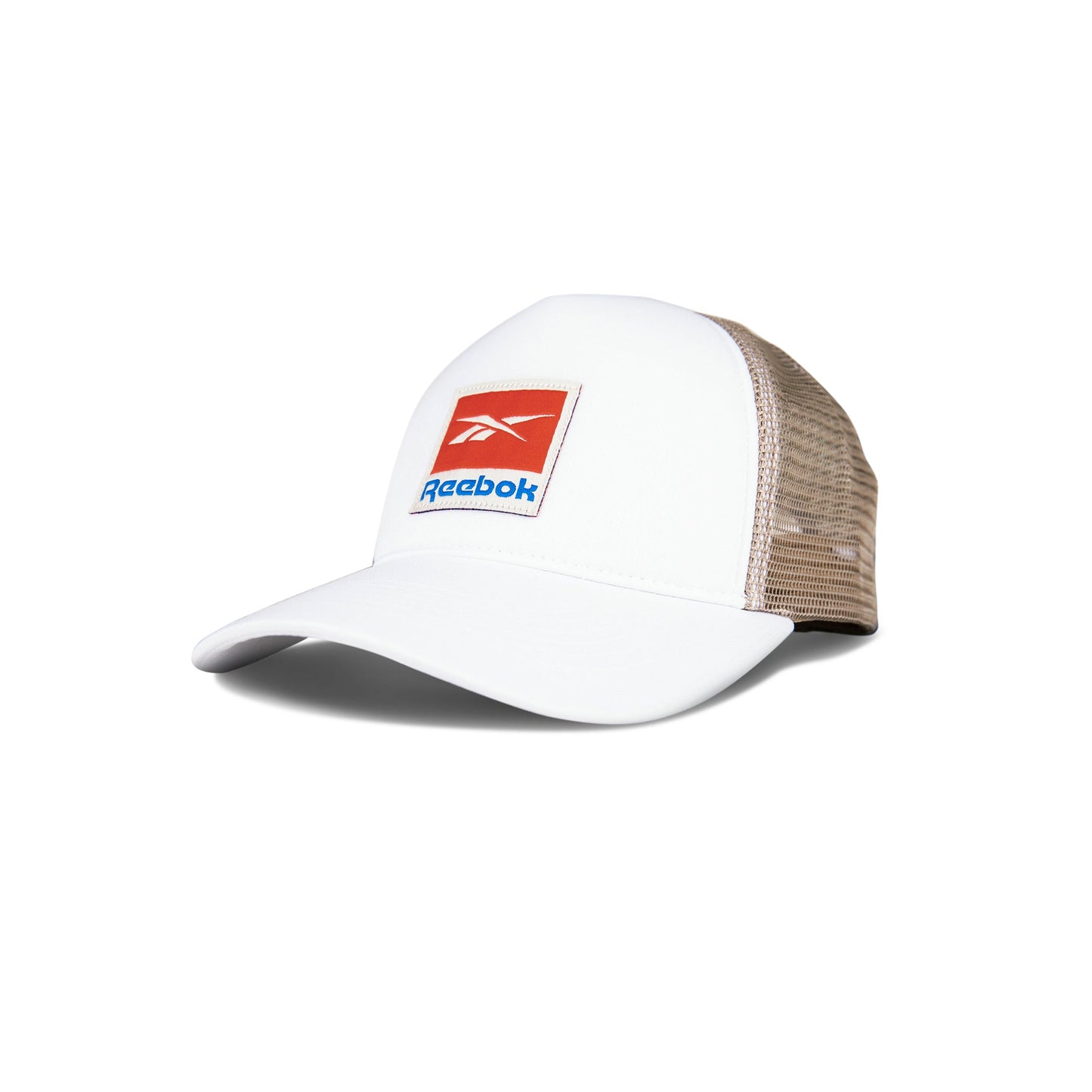 The Vintage Trucker Cap by Reebok features a white and beige design, curved brim, red logo patch with blue text, mesh panels, and snapback closure. This athletic cap is photographed against a white background.