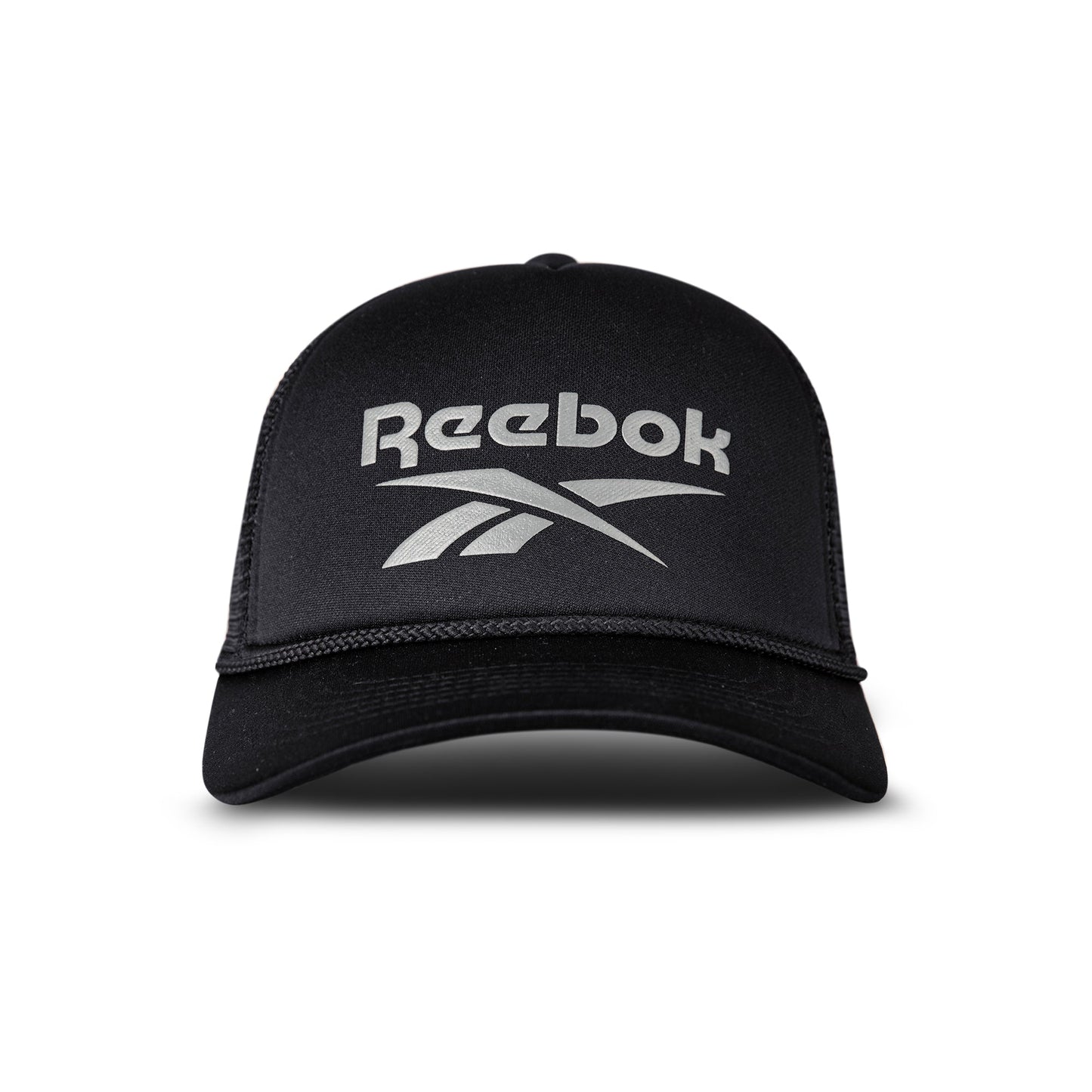 A black Reebok Deluxe Aero Cap is shown from the front with the white Reebok logo on the front panel, a curved brim, mesh sides, and an adjustable snapback closure.