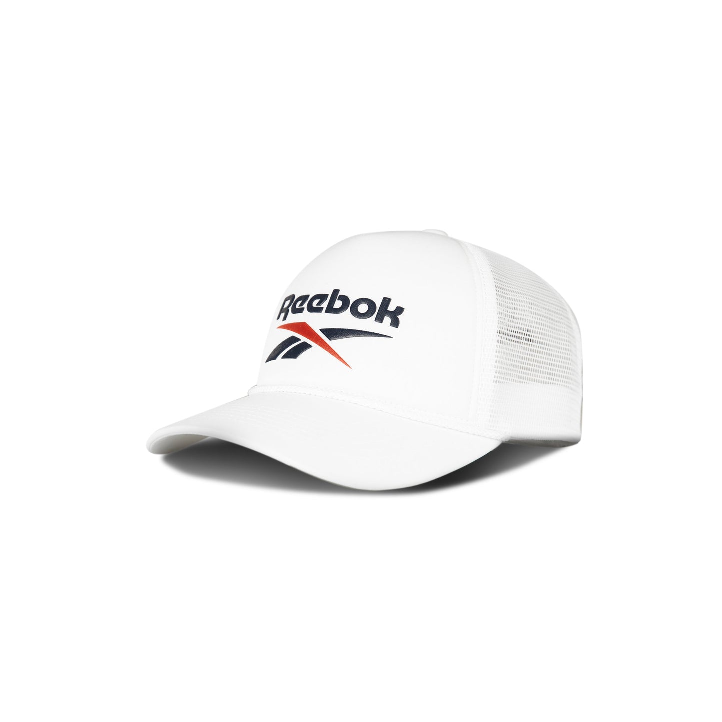 The Reebok Deluxe Aero Cap features a curved brim, breathable mesh back, navy and red Reebok logo, and a moisture-wicking sweatband. Shown against a plain white background.
