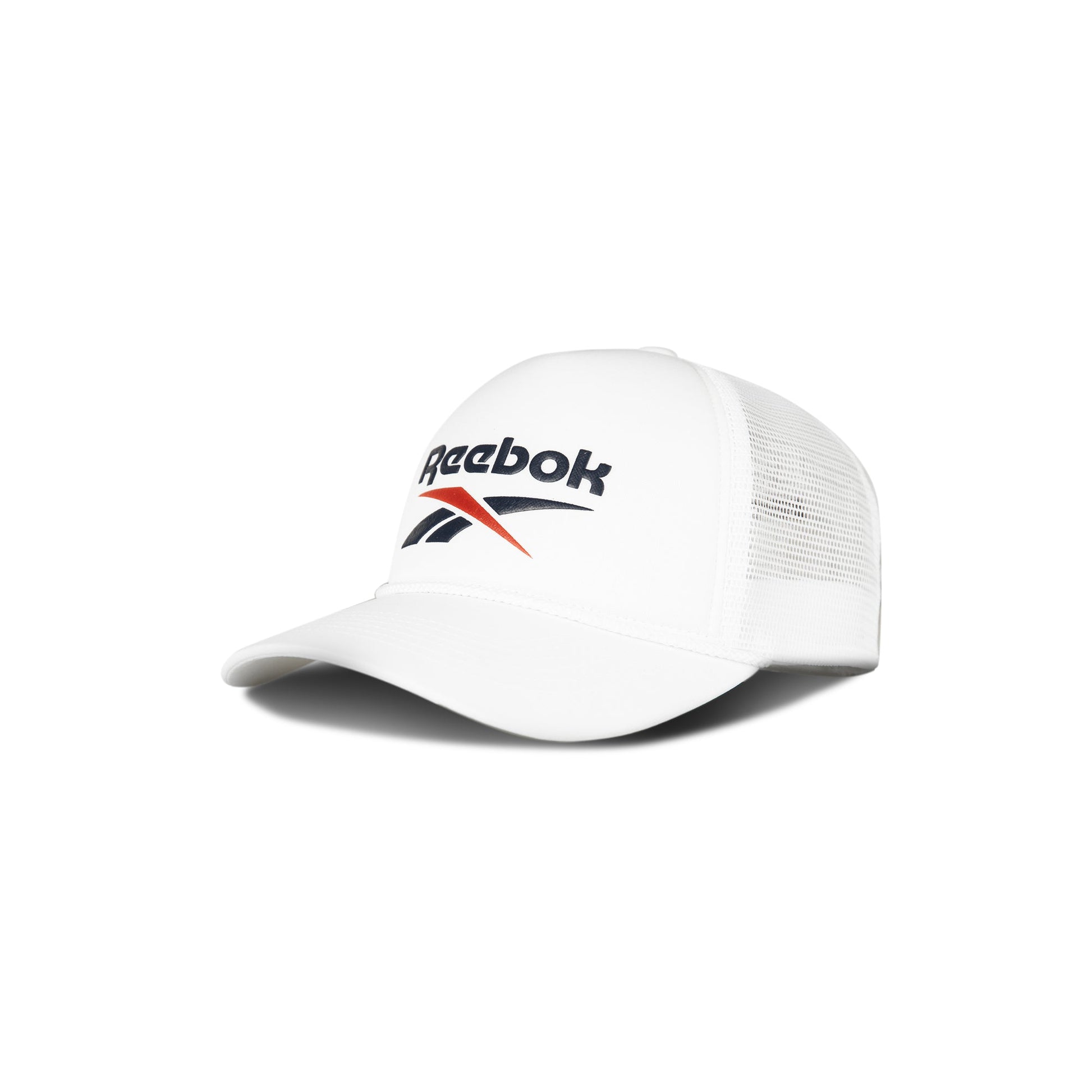 The Reebok Deluxe Aero Cap features a curved brim, breathable mesh back, navy and red Reebok logo, and a moisture-wicking sweatband. Shown against a plain white background.