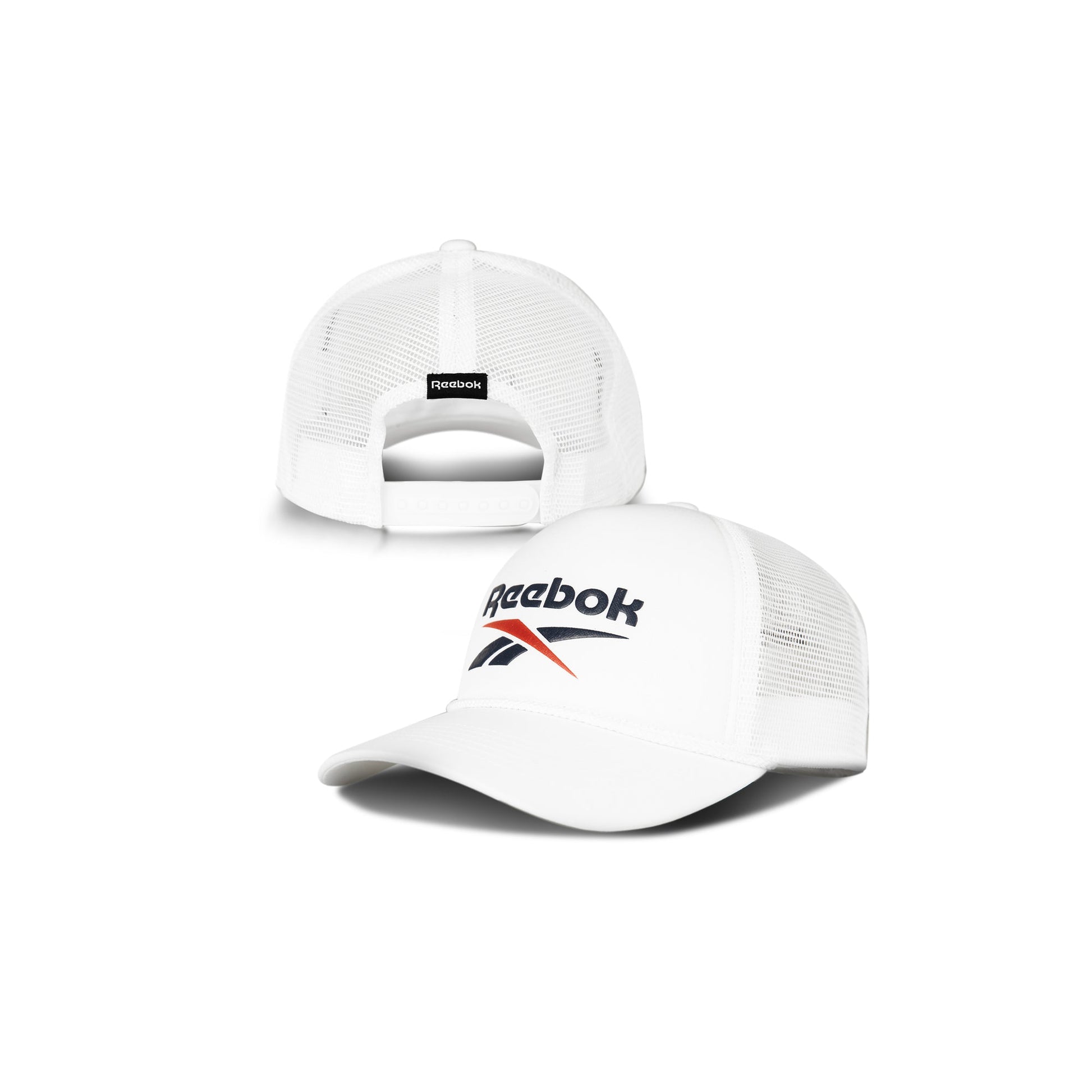 Two angles of the Reebok Deluxe Aero Cap are shown: one displays the front with the Reebok logo and colorful design, while the other highlights its breathable mesh construction and adjustable snap closure.