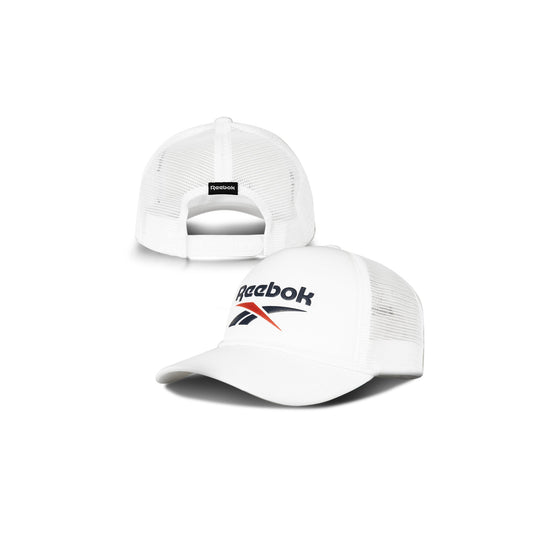 Two angles of the Reebok Deluxe Aero Cap are shown: one displays the front with the Reebok logo and colorful design, while the other highlights its breathable mesh construction and adjustable snap closure.