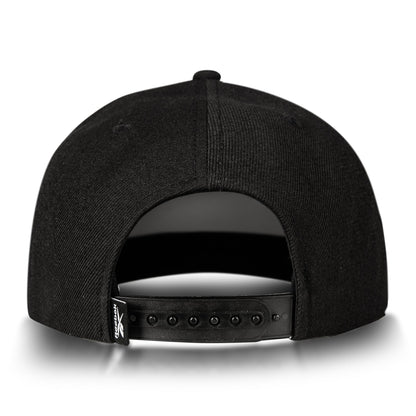 Black cap with a brand logo on the back on a white background