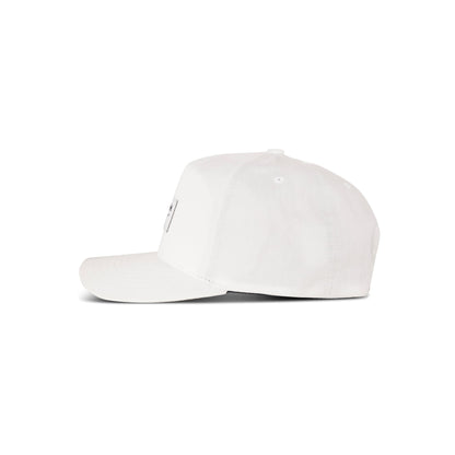 The Reebok Classic 5 Cap, shown in plain white with a 5-panel silhouette, features a curved brim and structured crown, viewed from the side against a white background.