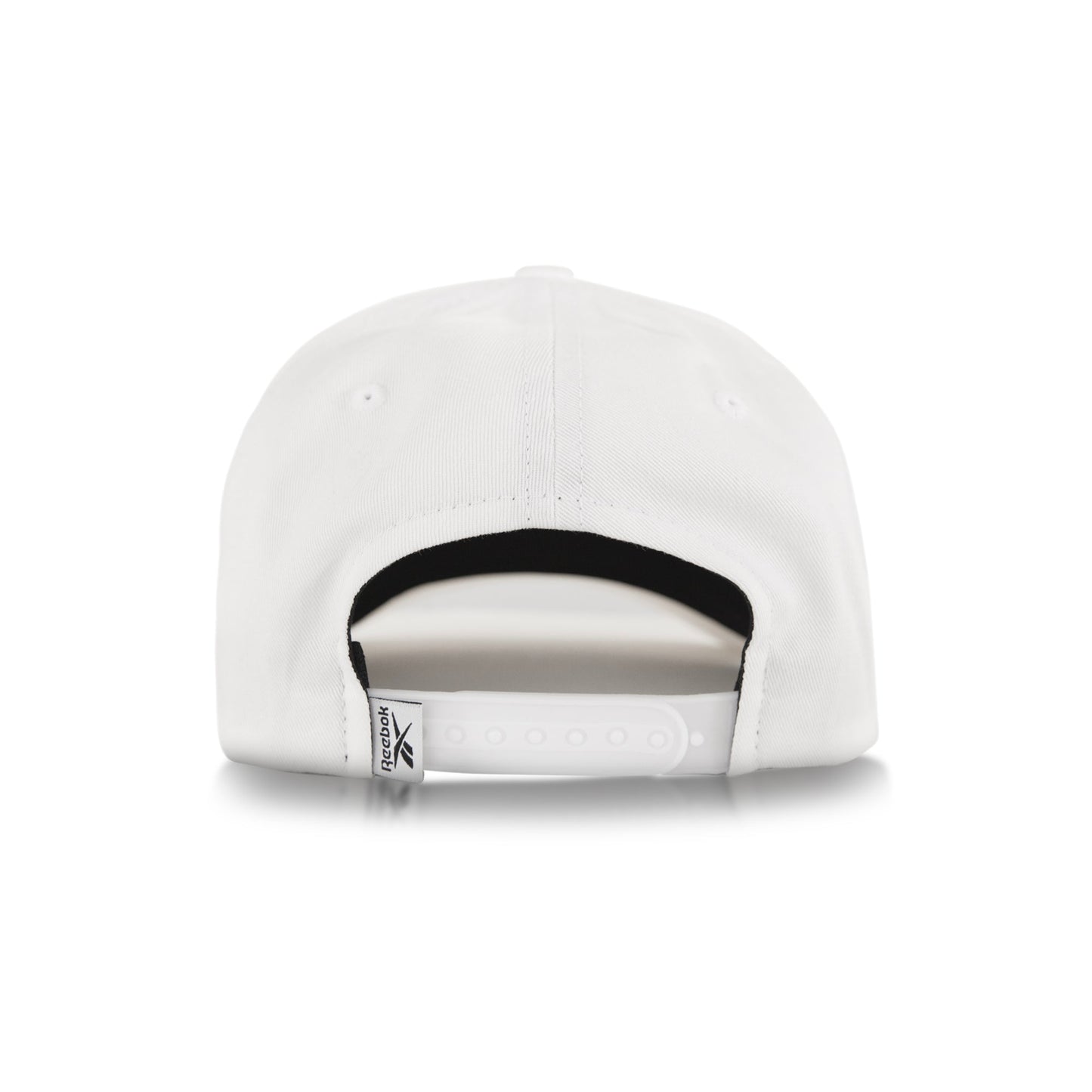 Back view of the Reebok Classic 5 Cap in white, featuring a 5-panel silhouette, adjustable plastic snap closure, and a small white tag on the left side.