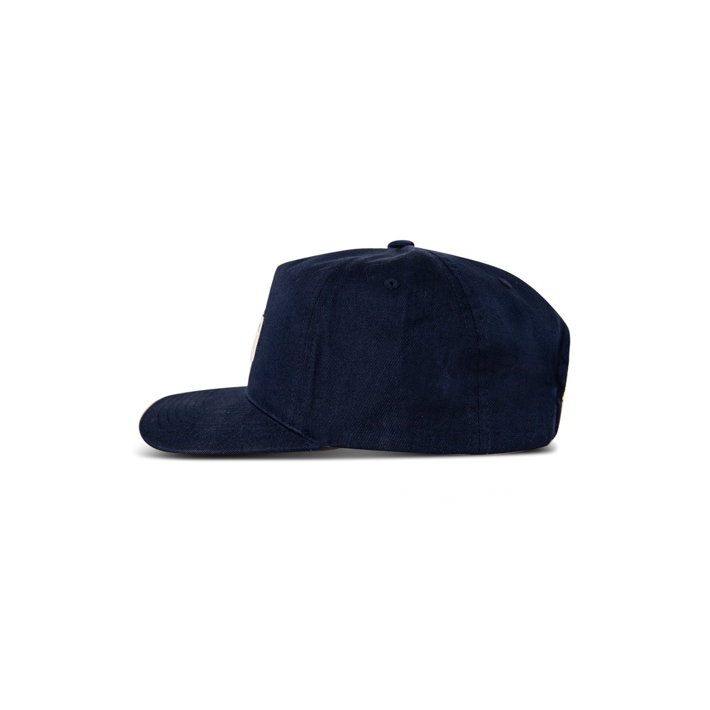 A navy blue Reebok Classic 5 Cap, designed for athletic wear with moisture-wicking technology, is shown from the side on a white background.