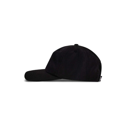 The Reebok Drop R Court Cap is shown from the side against a white background, featuring a plain black design with a curved brim and an adjustable strap at the back.