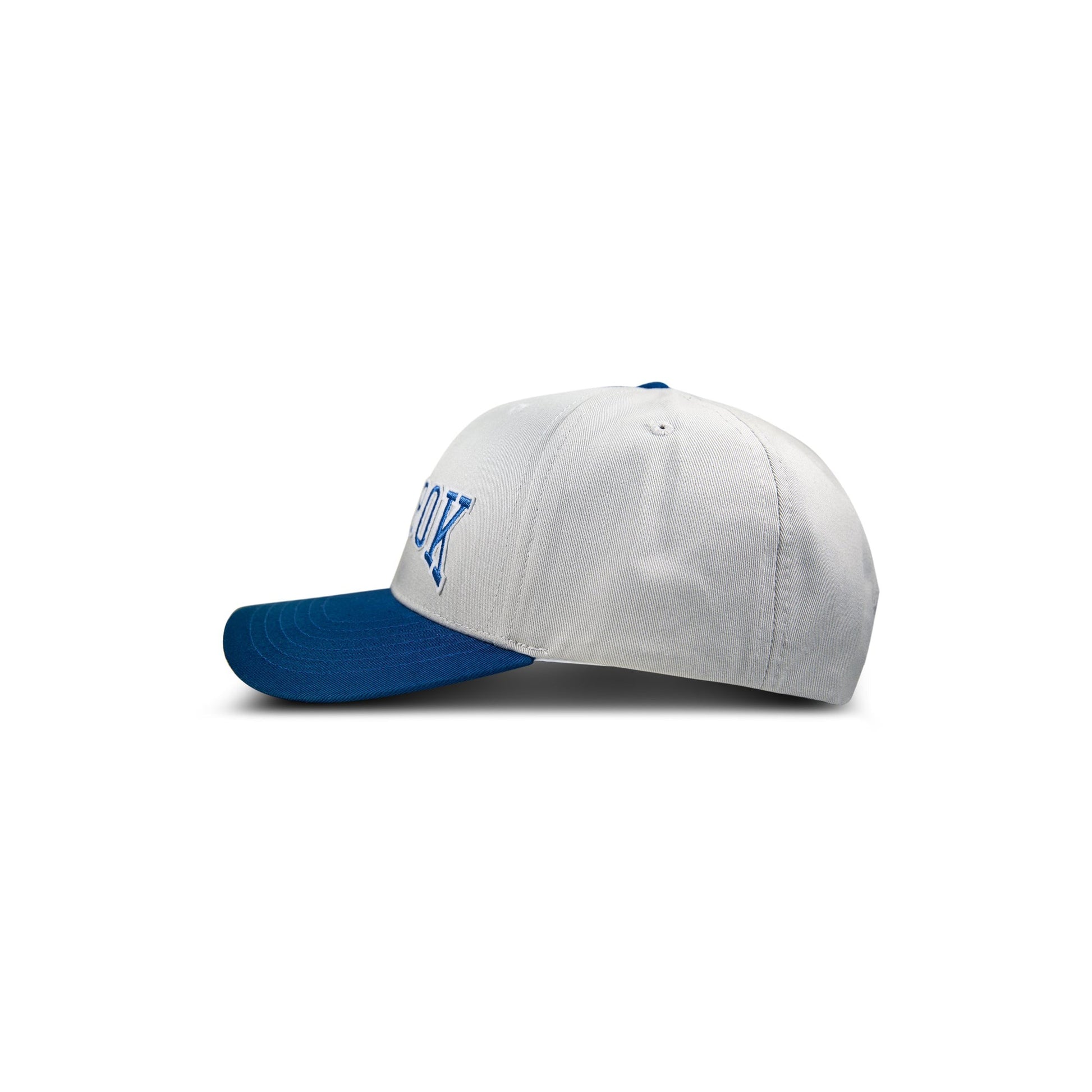 A side view of the Reebok Gameday Cap shows its white crown, blue brim, and partially visible blue embroidery on the front. This vintage-inspired cap from Reebok stands out against a plain white background.