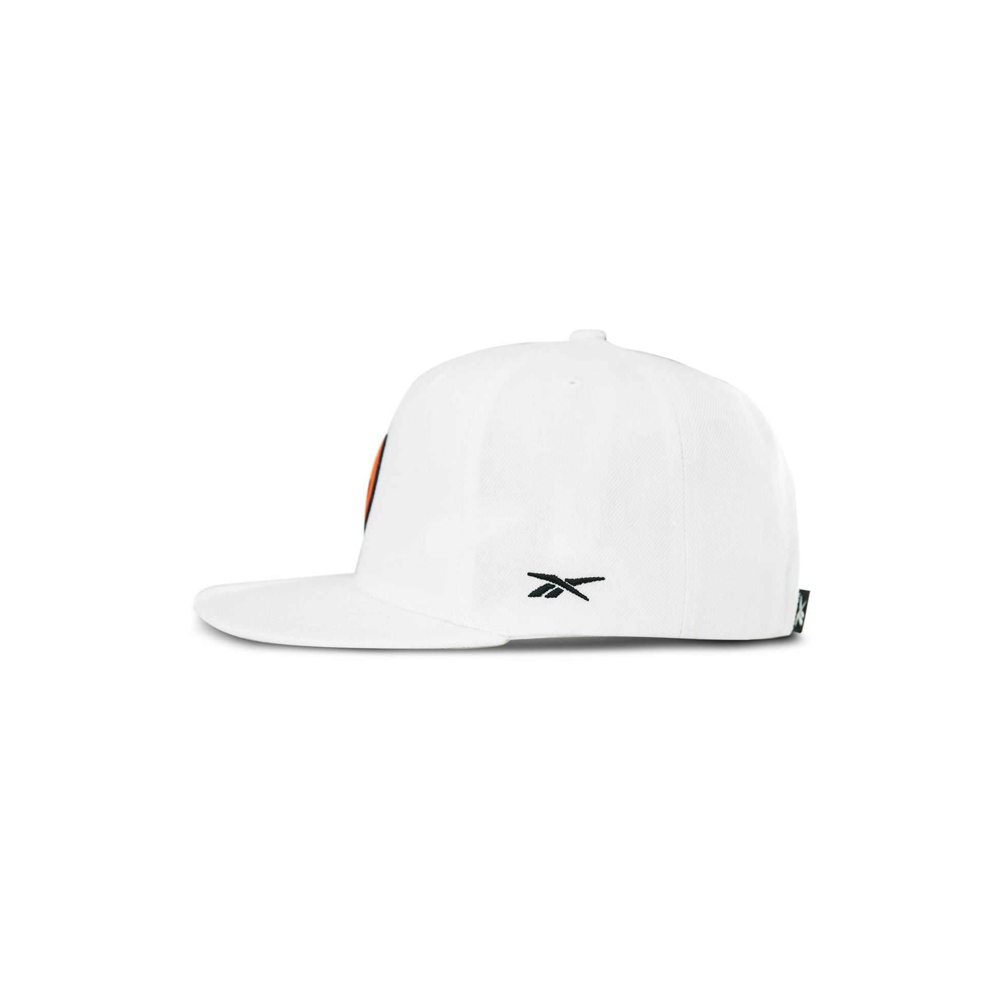 Side view of the Reebok Pump Hat, a white flat brim cap with a small black Reebok logo embroidered on the side. Features an adjustable snap closure for a custom fit. Plain white background.