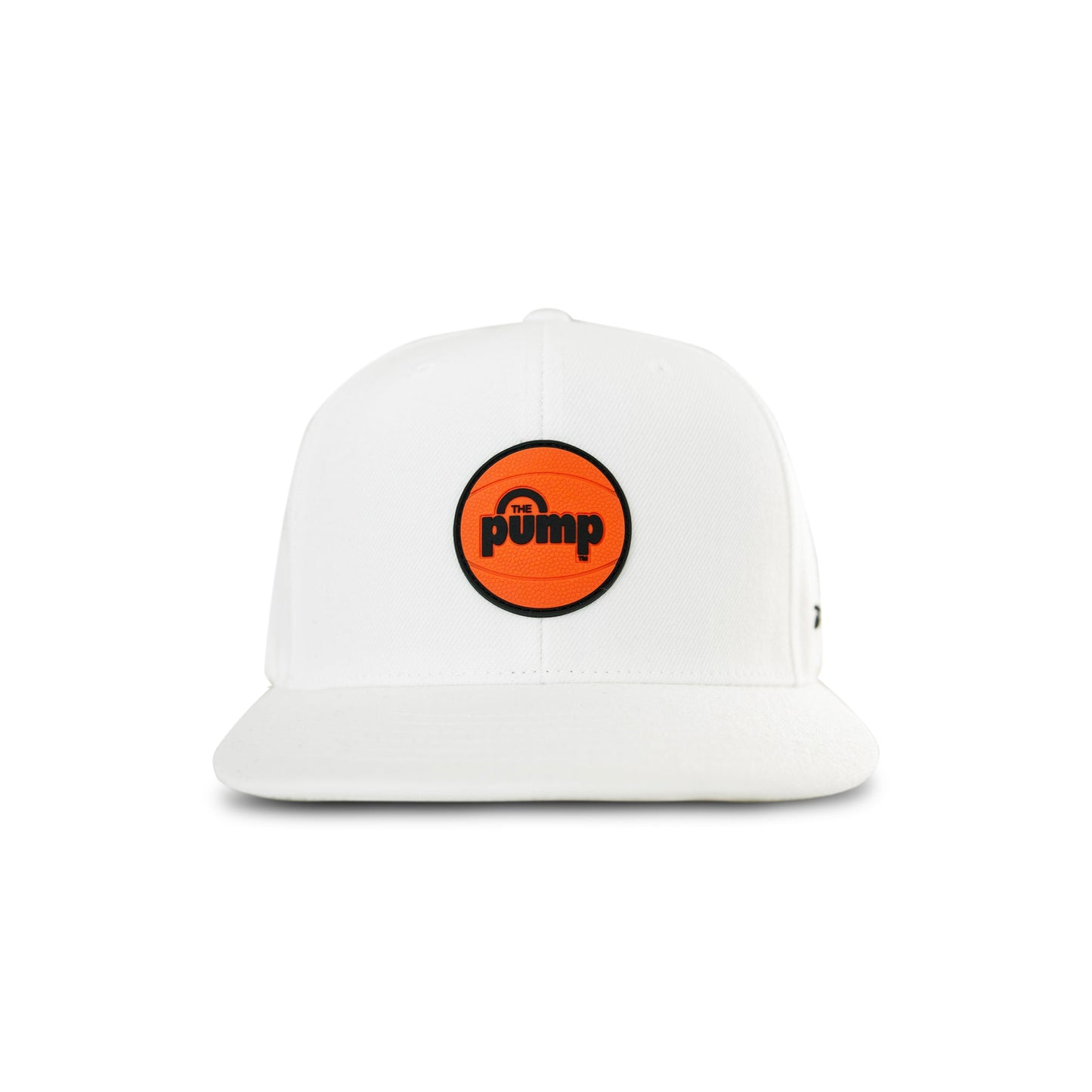 The Reebok Pump Hat by Reebok is a white flat brim cap with an orange circular "Pump" logo on the front in black text. It features an adjustable snap closure and is displayed against a plain white background.