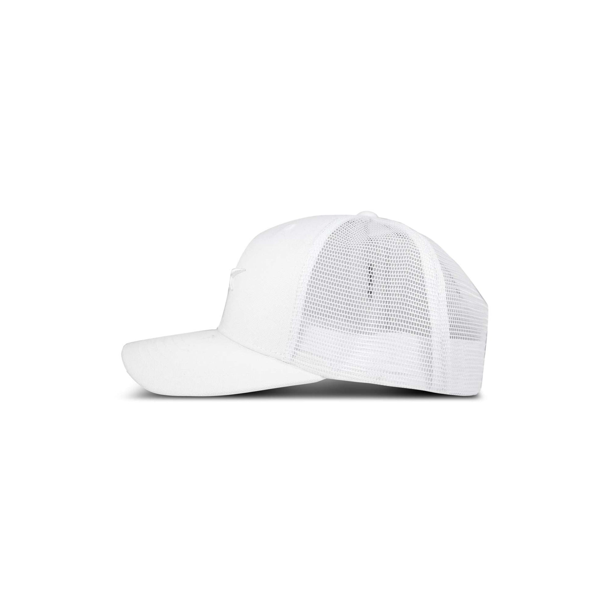 Side view of the Reebok Embroidered Vector Trucker Cap featuring a plain white design, curved brim, and mesh back panels, displayed on a white background.