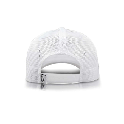 The Reebok Embroidered Vector Trucker Cap is pictured from the back, featuring a white mesh panel, adjustable snapback closure, and a small fabric tag on the edge. The background is plain white.