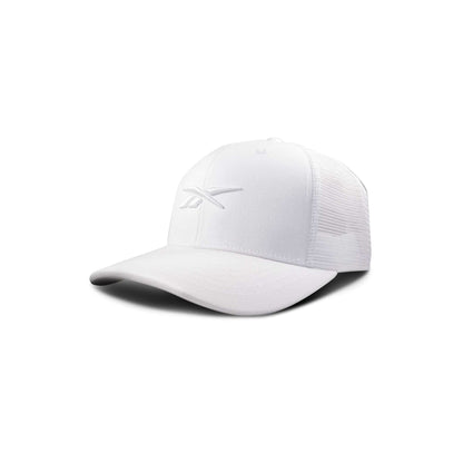 The Reebok Embroidered Vector Trucker Cap is shown against a plain white background. This white cap features mesh back panels, a curved brim, and an embroidered Reebok logo on the front.