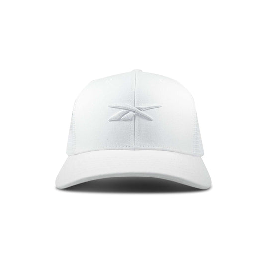 The Reebok Embroidered Vector Trucker Cap is a white baseball cap with a curved brim and a subtle embroidered logo on the front center, shown against a plain white background.