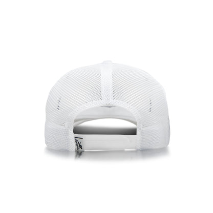 The image shows the back of the Reebok Woven Patch Vector Trucker Cap with mesh panels, an adjustable snapback closure, and a small fabric tag near the opening.