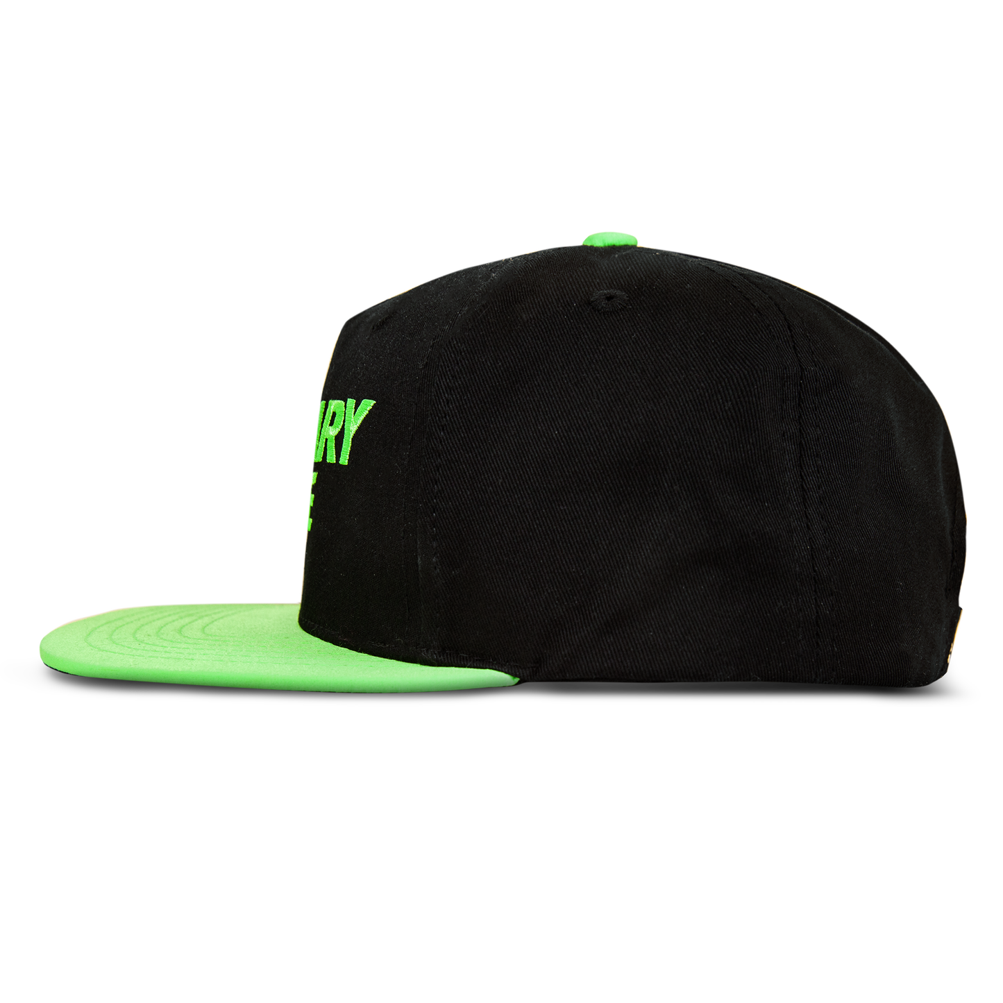 The Reebok Ordinary Elite Cap is a black snapback with a neon green flat brim and button, featuring a cotton crown. Shown in side profile against a white background.