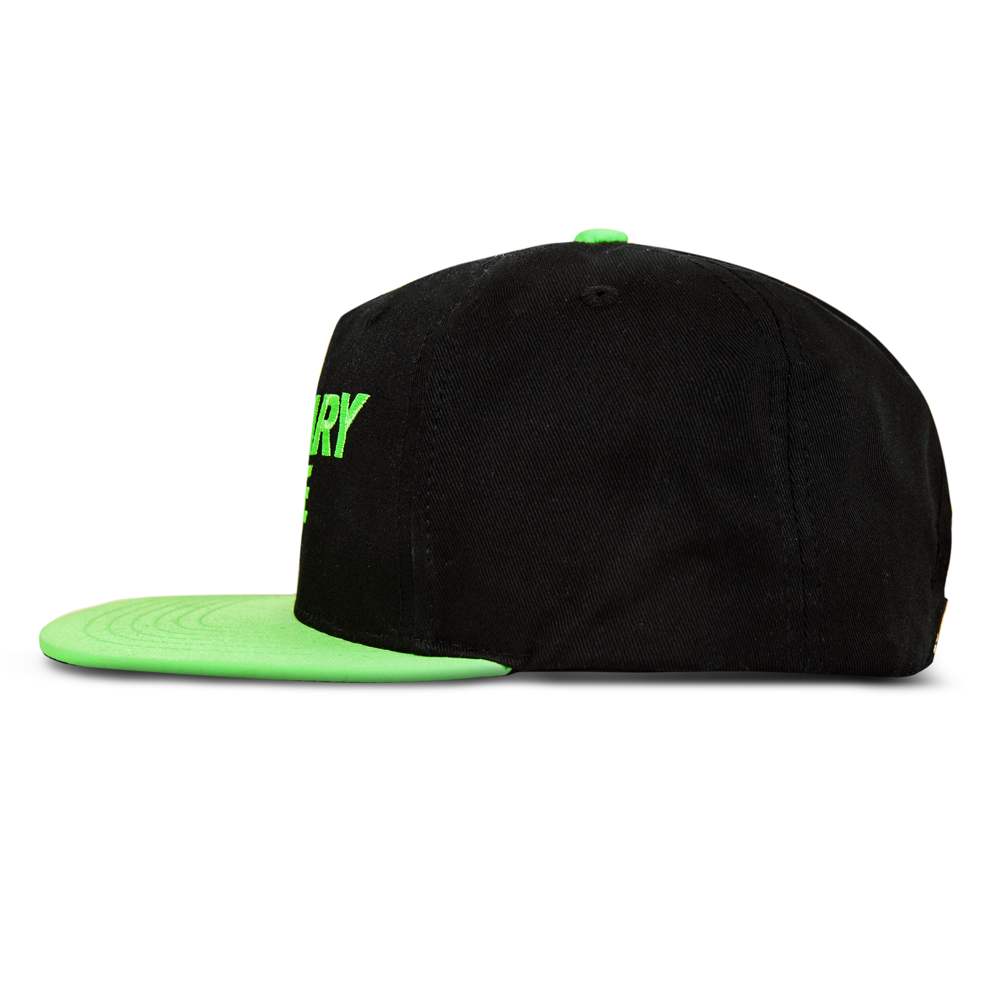 The Reebok Ordinary Elite Cap is a black snapback with a neon green flat brim and button, featuring a cotton crown. Shown in side profile against a white background.