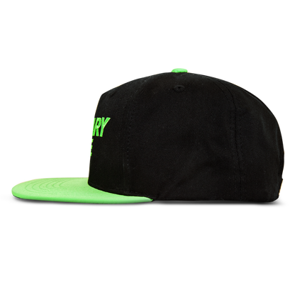 The Reebok Ordinary Elite Cap is a black snapback with a neon green flat brim and button, featuring a cotton crown. Shown in side profile against a white background.