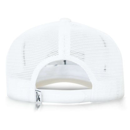 The image shows the back of a white Reebok Basketball Trucker Cap with mesh panels, an adjustable snapback closure, and a small Reebok tag near the opening.