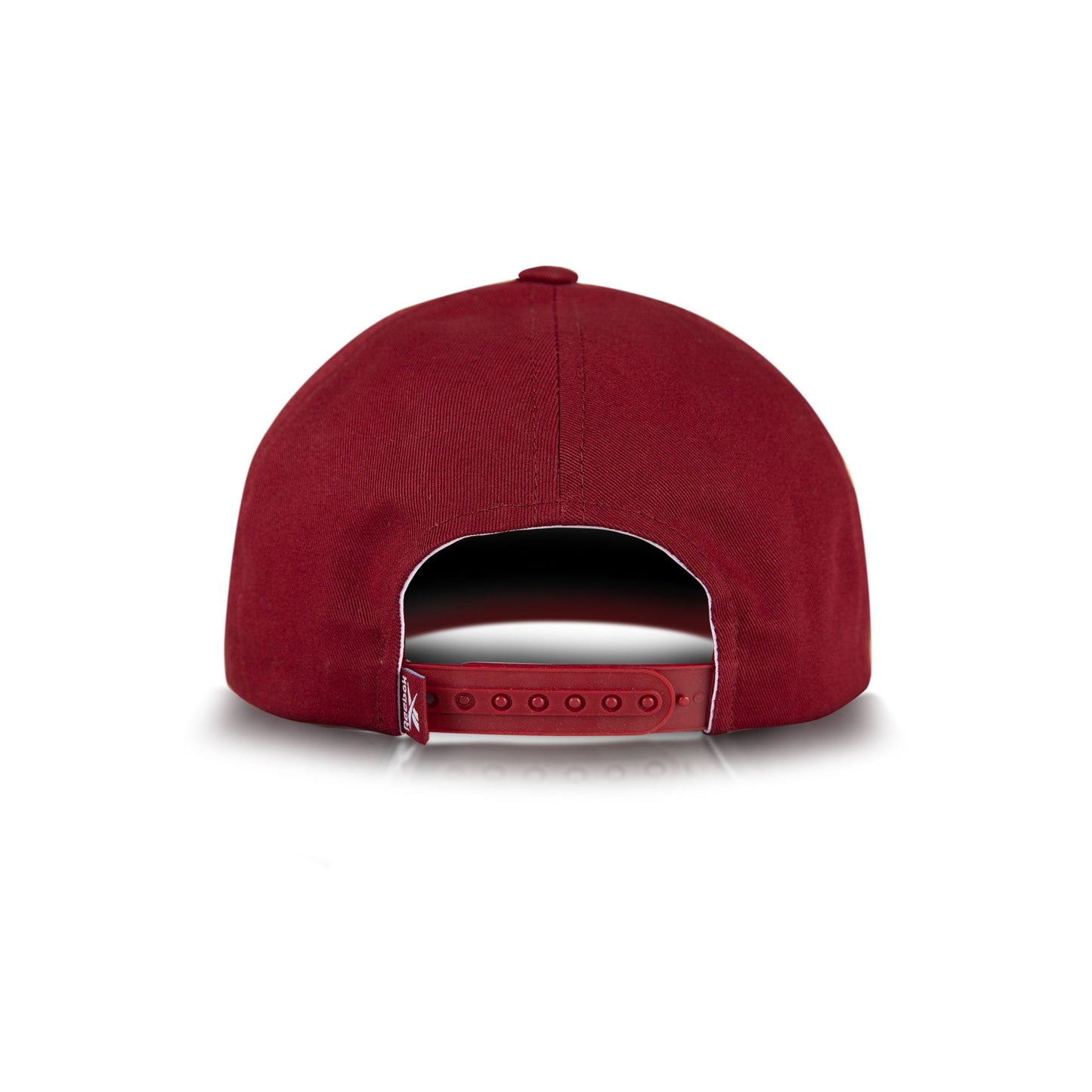 A maroon Reebok Chroma Cap baseball hat, shown from the back with an adjustable snapback closure, made of soft cotton twill and set against a white background.