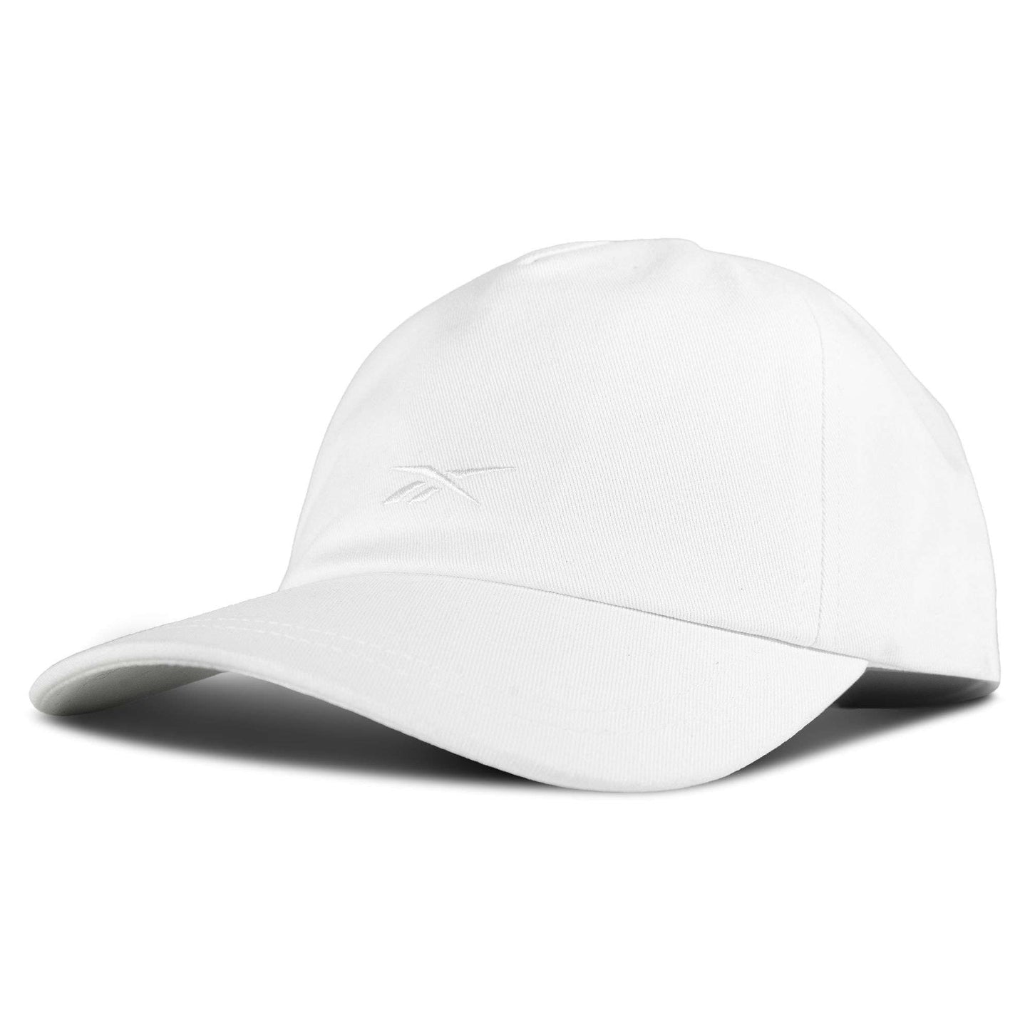 The Reebok Logo S-Vector Cap is a plain white cotton twill hat with a curved brim, subtle front embroidered logo, and adjustable snapback, shown on a white background.