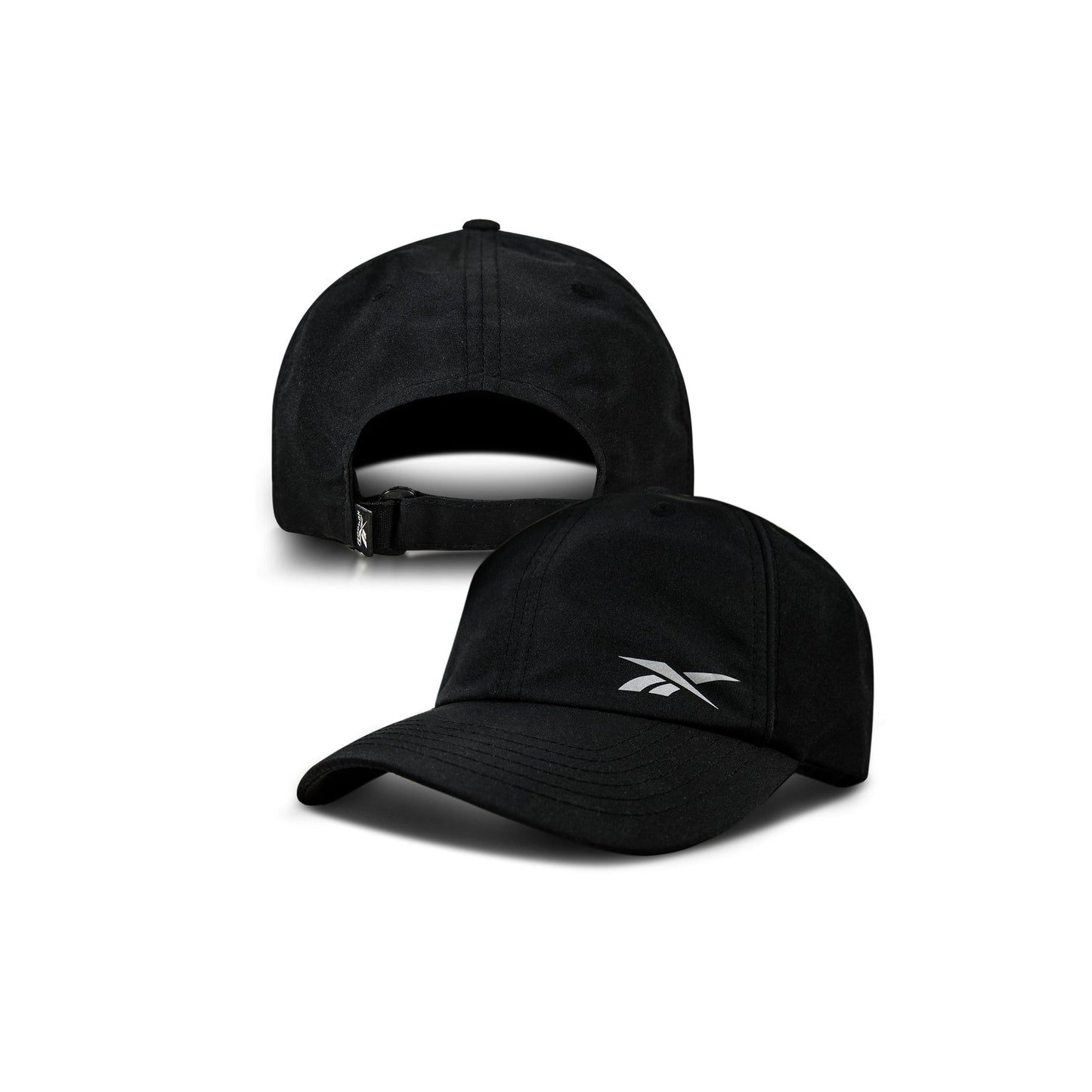 Two black Reebok Flow Piped Caps are displayed from different angles: one shows the front with a white Reebok logo, while the other shows the back with an adjustable strap and buckle. Includes a moisture-wicking sweatband for comfort.