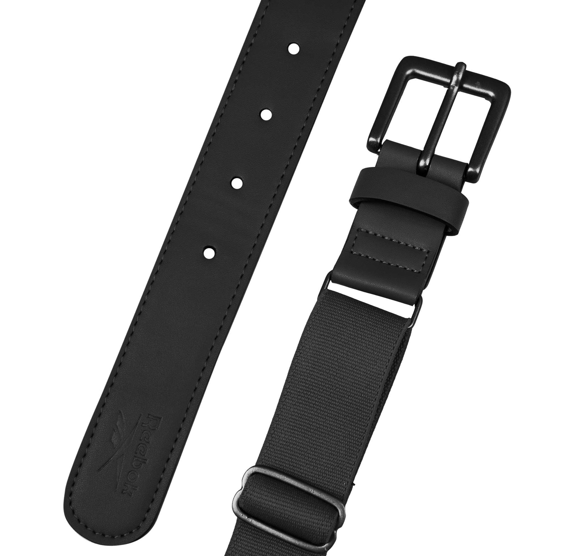 A close-up of the Reebok Youth Baseball Belt in black, featuring a metal buckle, adjustable strap with multiple holes for sizing, and a smooth matte finish.