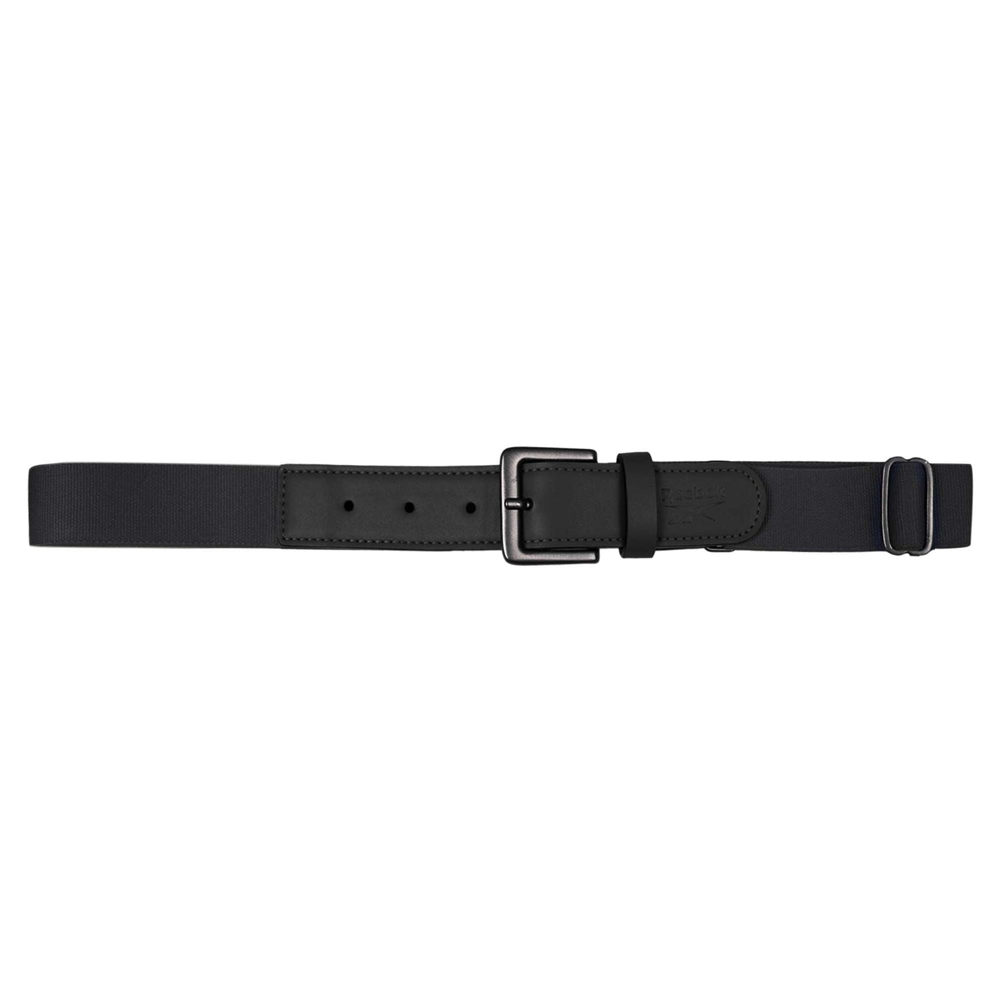 The Reebok Youth Baseball Belt features black stretch elastic, a rectangular black buckle, and matching leather accents, displayed flat against a white background.
