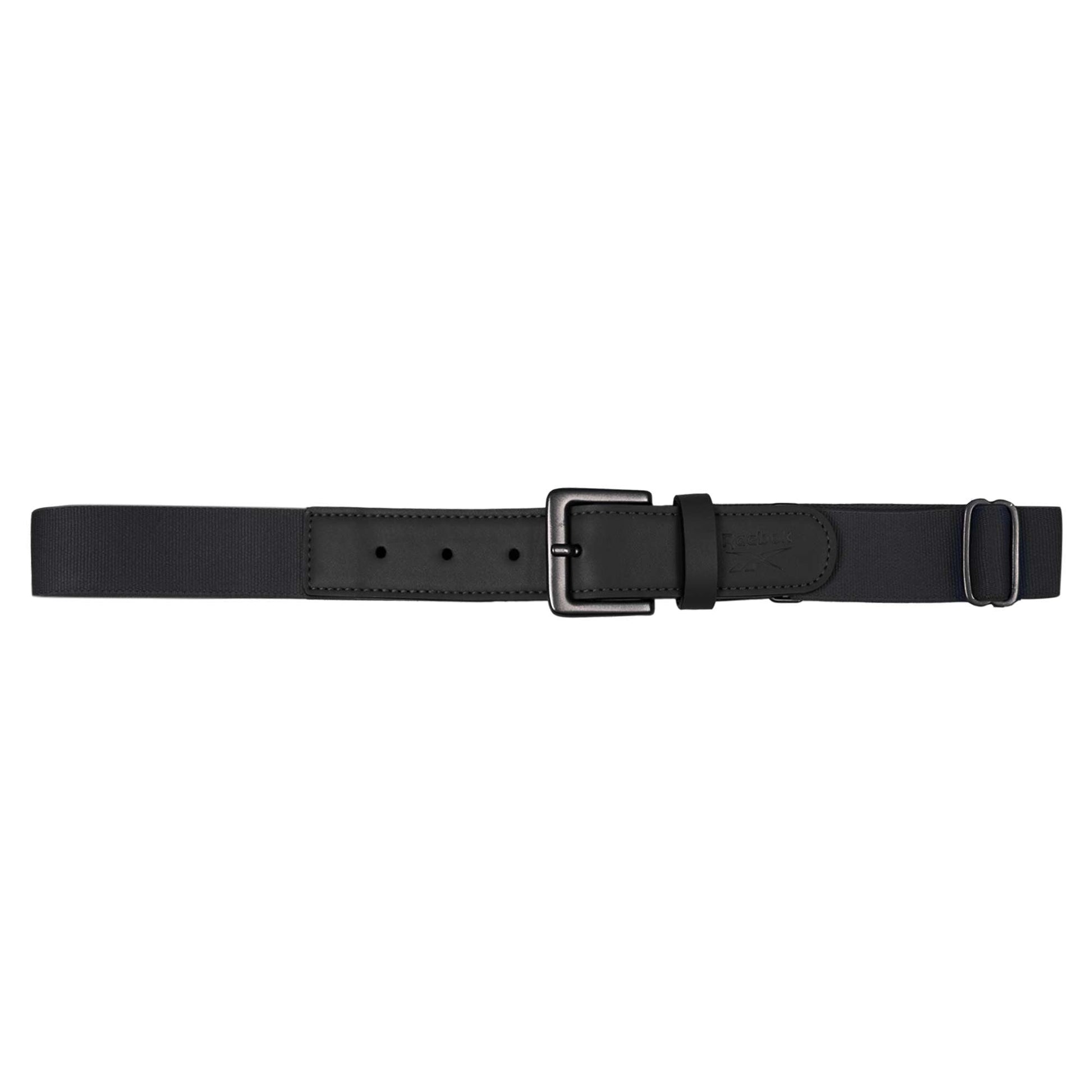 The Reebok Youth Baseball Belt features black stretch elastic, a rectangular black buckle, and matching leather accents, displayed flat against a white background.