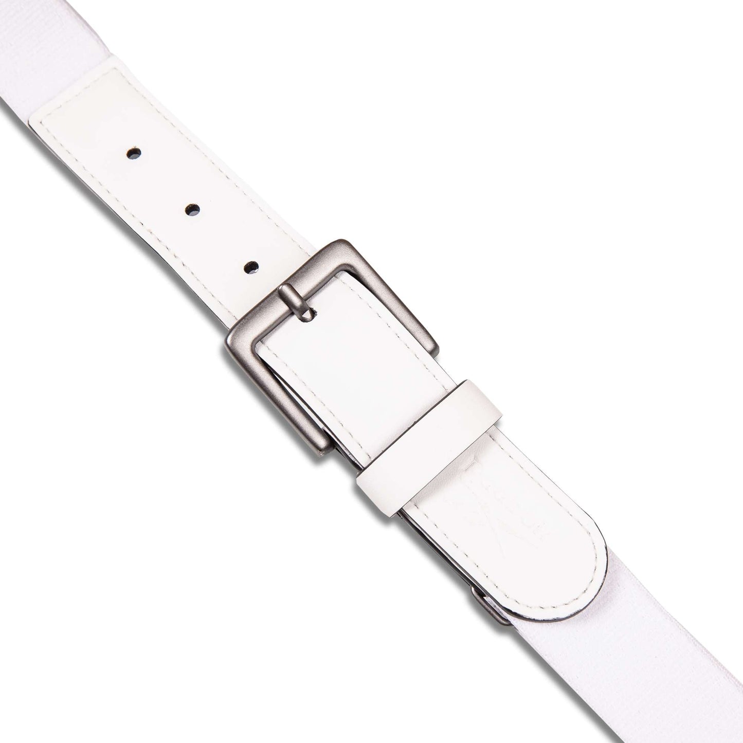 A close-up of the Reebok Youth Baseball Belt in white, featuring a silver rectangular buckle and multiple adjustment holes, displayed diagonally on a white background.