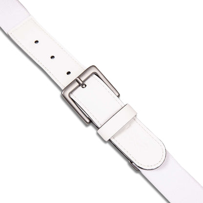A close-up of the Reebok Youth Baseball Belt in white, featuring a silver rectangular buckle and multiple adjustment holes, displayed diagonally on a white background.