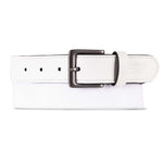 The Reebok Youth Baseball Belt features a white design with black rectangular metal buckle and detailed stitching; this adjustable belt offers young players both style and comfort.