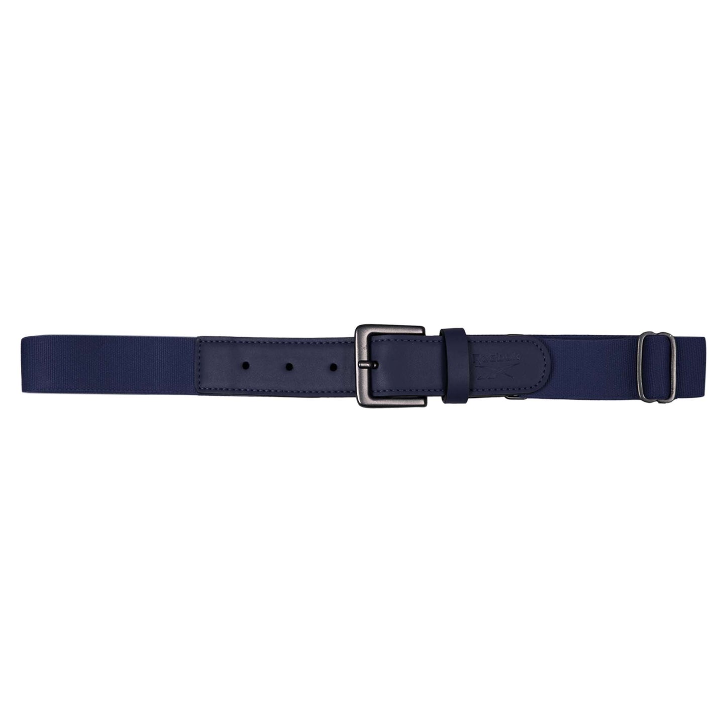 The Reebok Youth Baseball Belt features navy blue stretch elastic fabric, an adjustable fit, a rectangular black metal buckle, and a matching belt loop, displayed on a white background.