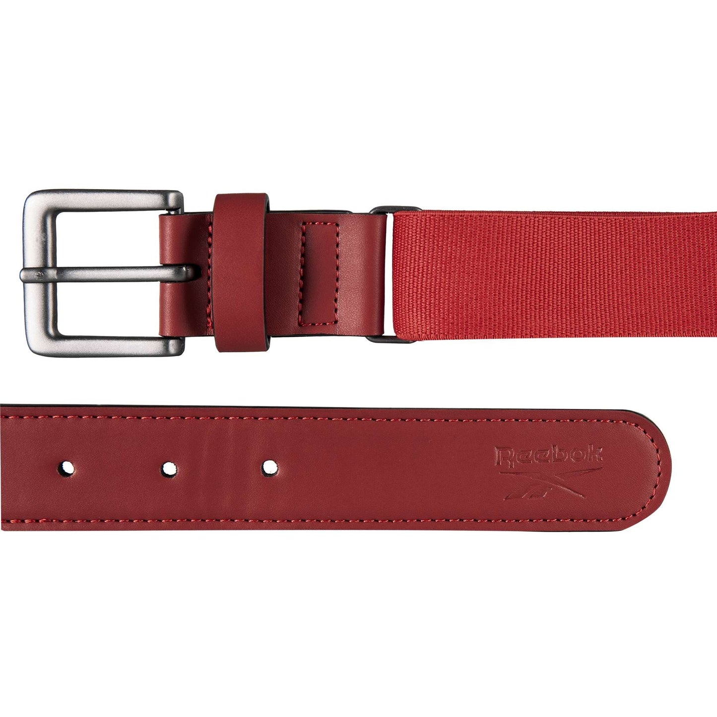 A red Reebok Youth Baseball Belt with a silver buckle, shown in close-up views of the buckle end and belt tip, both featuring the embossed Reebok logo.