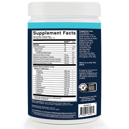 A container of Reebok ReeCover BCAA + EAA + Electrolytes dietary supplement powder features a Supplement Facts label with amino acids for muscle recovery, nutritional info, serving size, usage instructions, and certifications on a blue background.