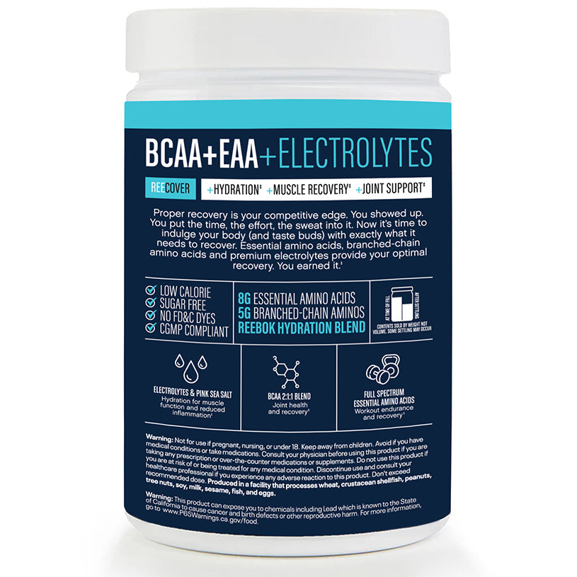 A white Reebok container labeled "ReeCover BCAA + EAA + Electrolytes" promotes muscle recovery and hydration. Blue and white text displays features, nutrition info, and details about Essential Amino Acids clearly.