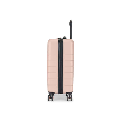 A closed, light pink hard-shell suitcase with four wheels and an extended black handle, photographed against a plain white background.