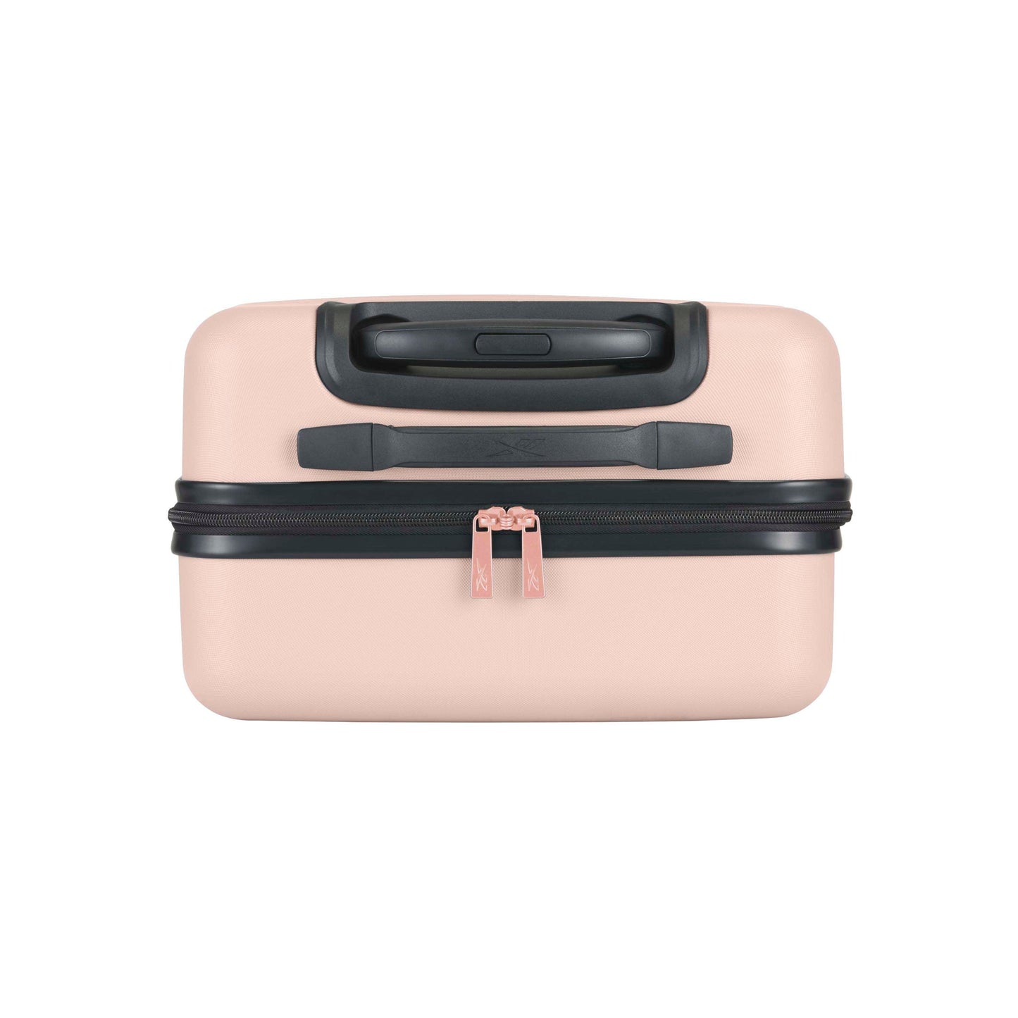A small, rectangular, light pink suitcase with black handles and rose gold zippers, photographed against a white background.