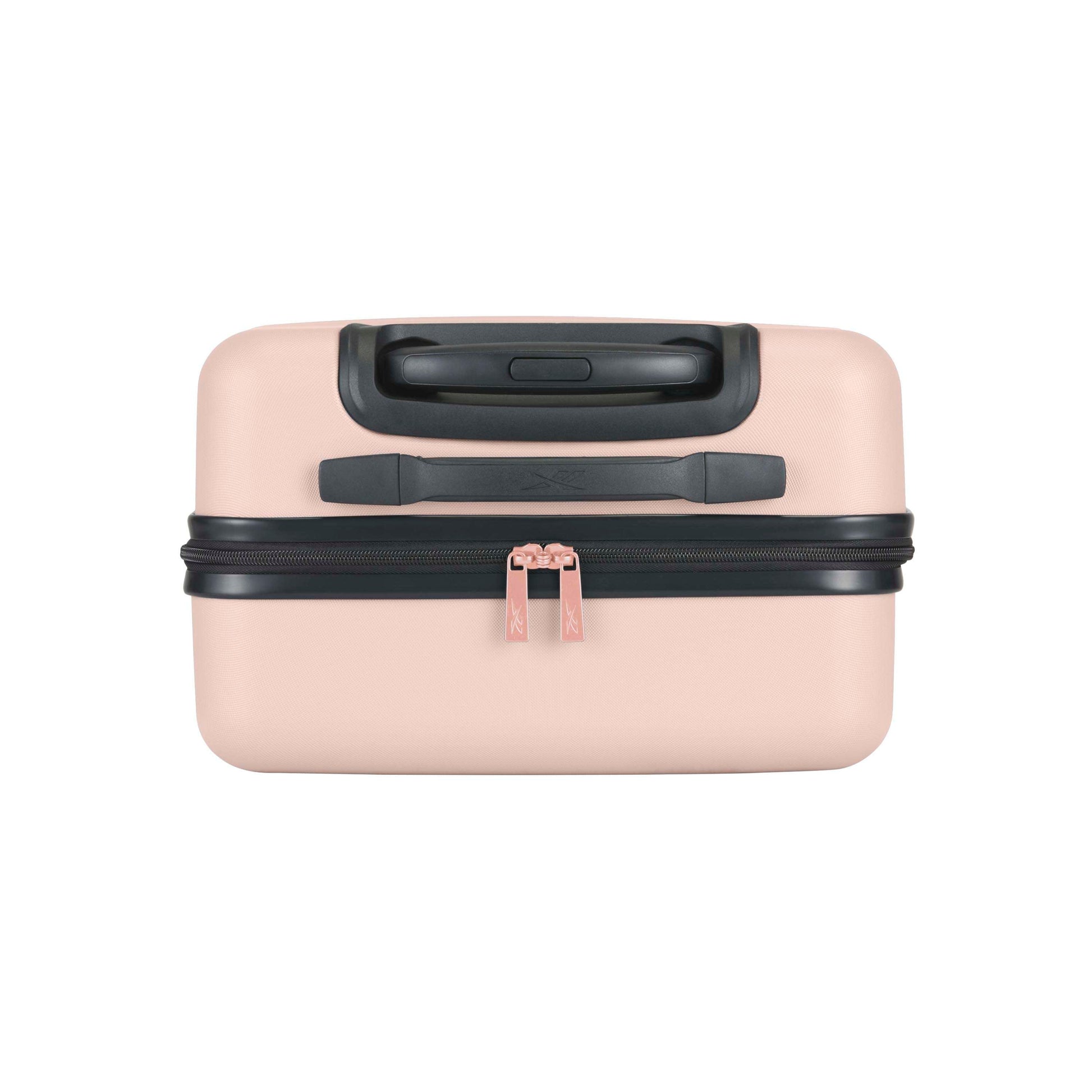 A small, rectangular, light pink suitcase with black handles and rose gold zippers, photographed against a white background.