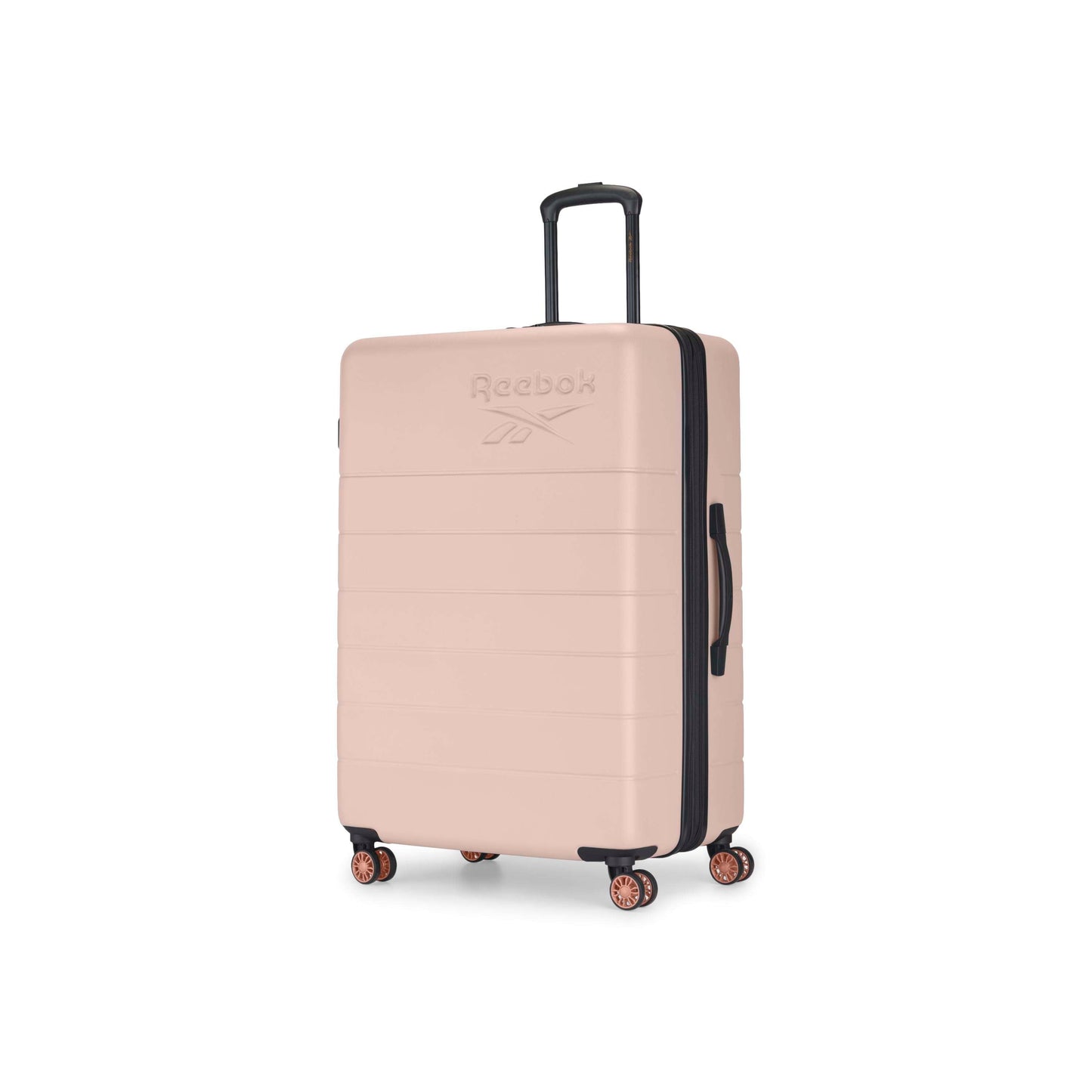 A pink suitcase with wheels.