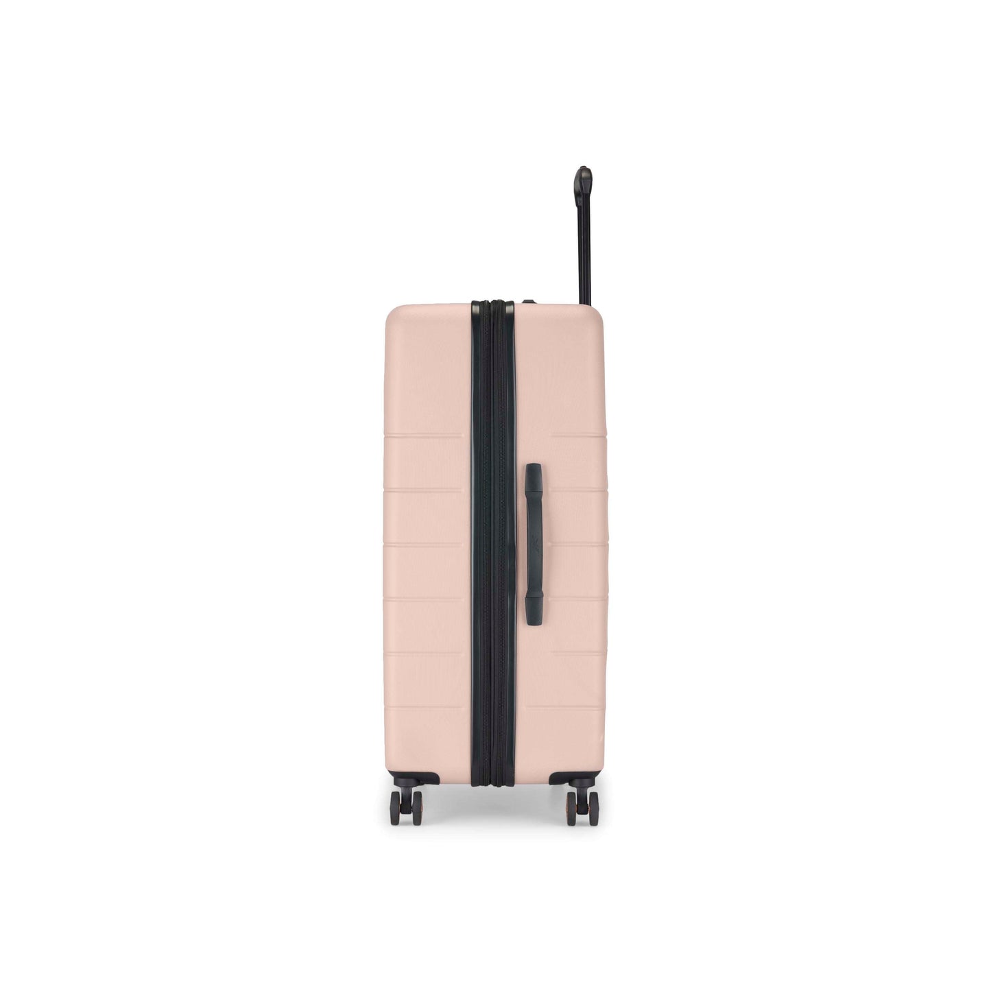 A beige hard-shell suitcase stands upright on four wheels, viewed from the side. It has a black zipper, black side handle, and an extended black telescoping handle against a white background.